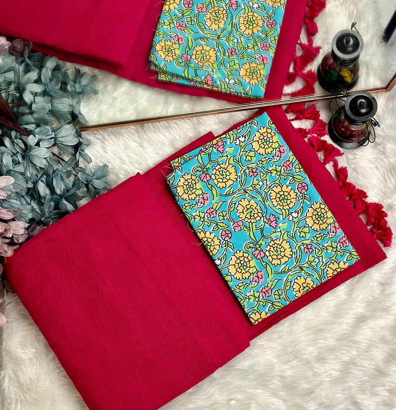Premium Handloom Cotton Saree - Traditional red saree with baby blue flower printed blouse - Cotton Dori
