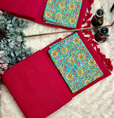 Premium Handloom Cotton Saree - Traditional red saree with baby blue flower printed blouse - Cotton Dori