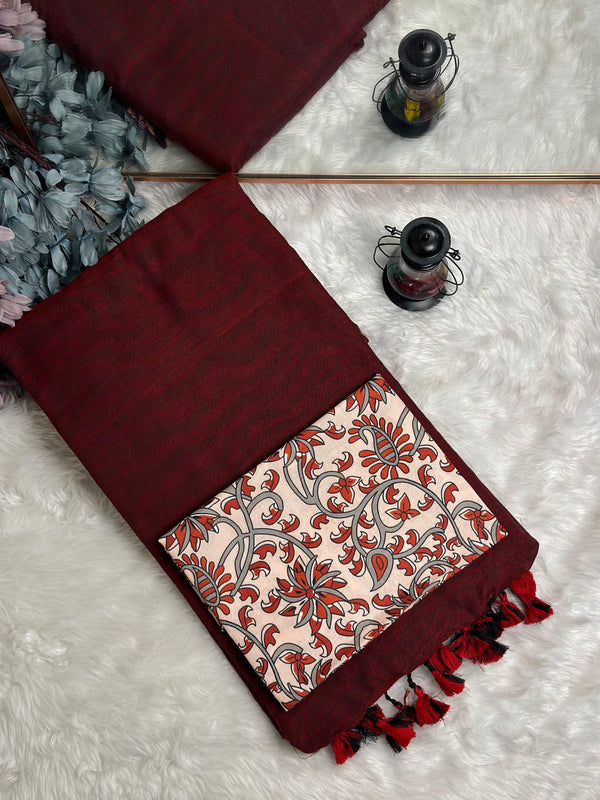 Premium Handloom Cotton Saree - Cherry wine saree with cream flower printed blouse - Cotton Dori