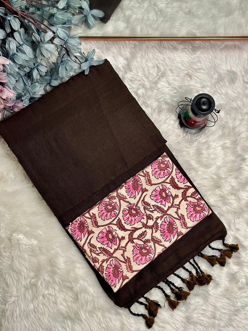 Premium Handloom Cotton Saree - Mocha brown saree with brown flower printed blouse - Cotton Dori