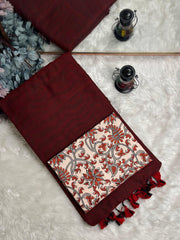 Premium Handloom Cotton Saree - Cherry wine saree with cream flower printed blouse - Cotton Dori