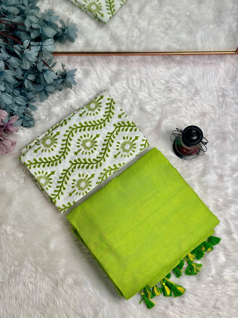 Premium Handloom Cotton Saree - Royal apple green saree with white floral blouse - Cotton Dori