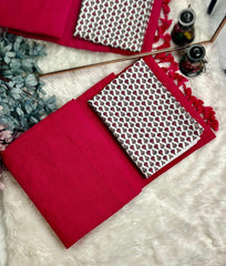 Crimson Red Saree with White Printed BlousePremium Handloom Cotton Saree - - Cotton Dori