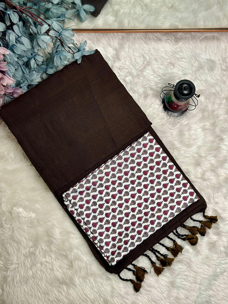 Premium Handloom Cotton Saree - Earthy brown saree with white printed blouse - Cotton Dori