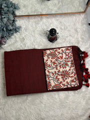 Premium Handloom Cotton Saree - Cherry wine saree with cream flower printed blouse - Cotton Dori