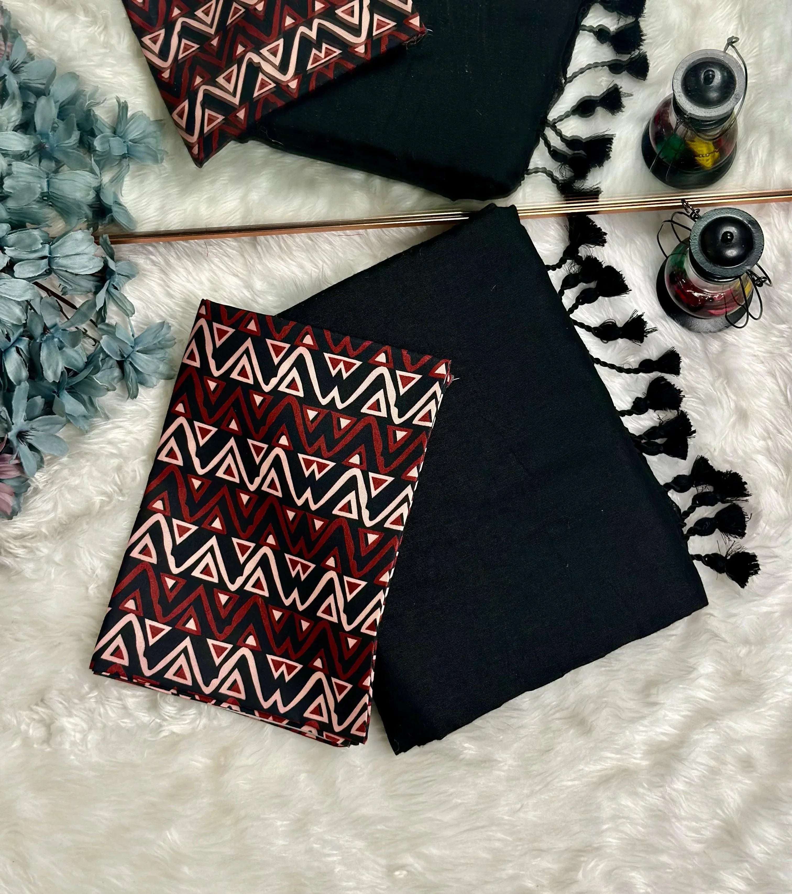 Premium Handloom Cotton Saree - Indigo black saree with printed blouse - Cotton Dori