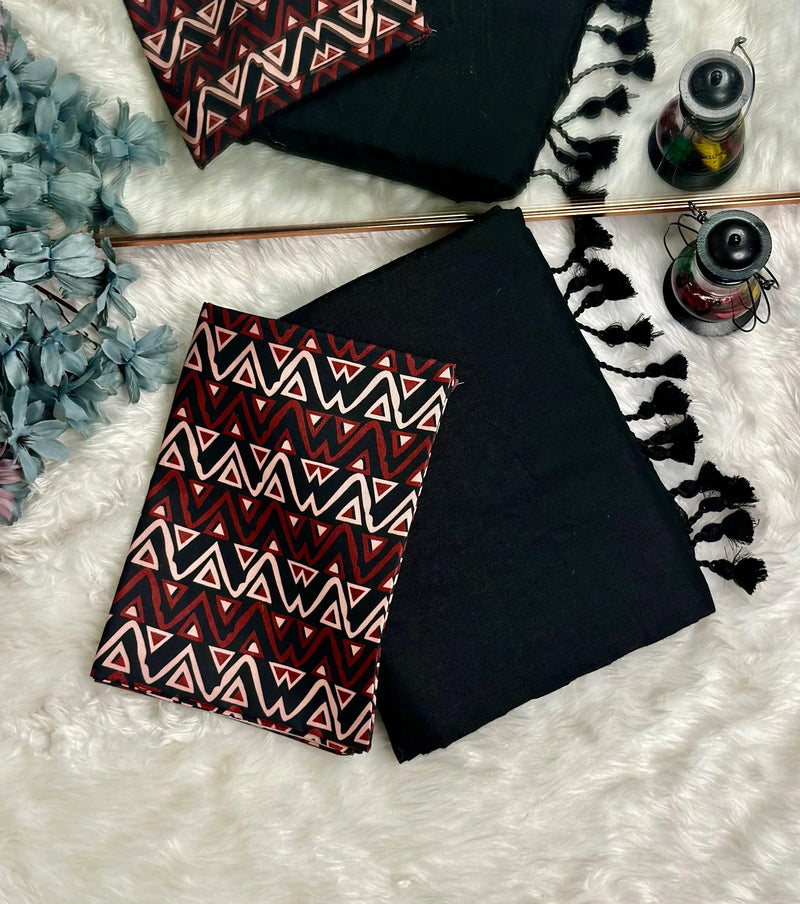 Premium Handloom Cotton Saree - Indigo black saree with printed blouse - Cotton Dori