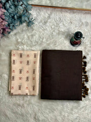 Premium Handloom Cotton Saree - Coffee brown saree with cream blouse - Cotton Dori