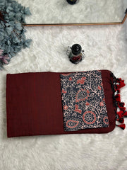 Premium Handloom Cotton Saree - Royal Maroon saree with black flower printed blouse - Cotton Dori
