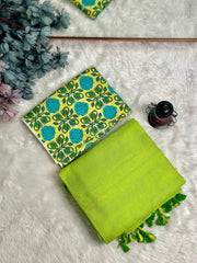 Premium Handloom Cotton Saree - Parrot green saree with yellow printed blouse - Cotton Dori