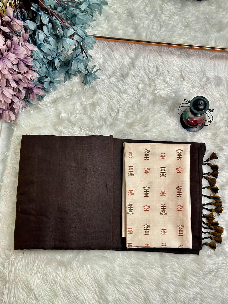 Premium Handloom Cotton Saree - Coffee brown saree with cream blouse - Cotton Dori