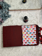 Premium Handloom Cotton Saree - Maroon saree with white elephant printed blouse - Cotton Dori