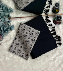 Premium Handloom Cotton Saree - Ink black saree with grey elephant printed blouse - Cotton Dori