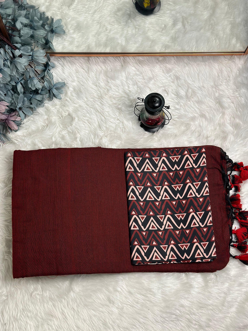 Premium Handloom Cotton Saree - Maroon handloom saree with black printed blouse - Cotton Dori