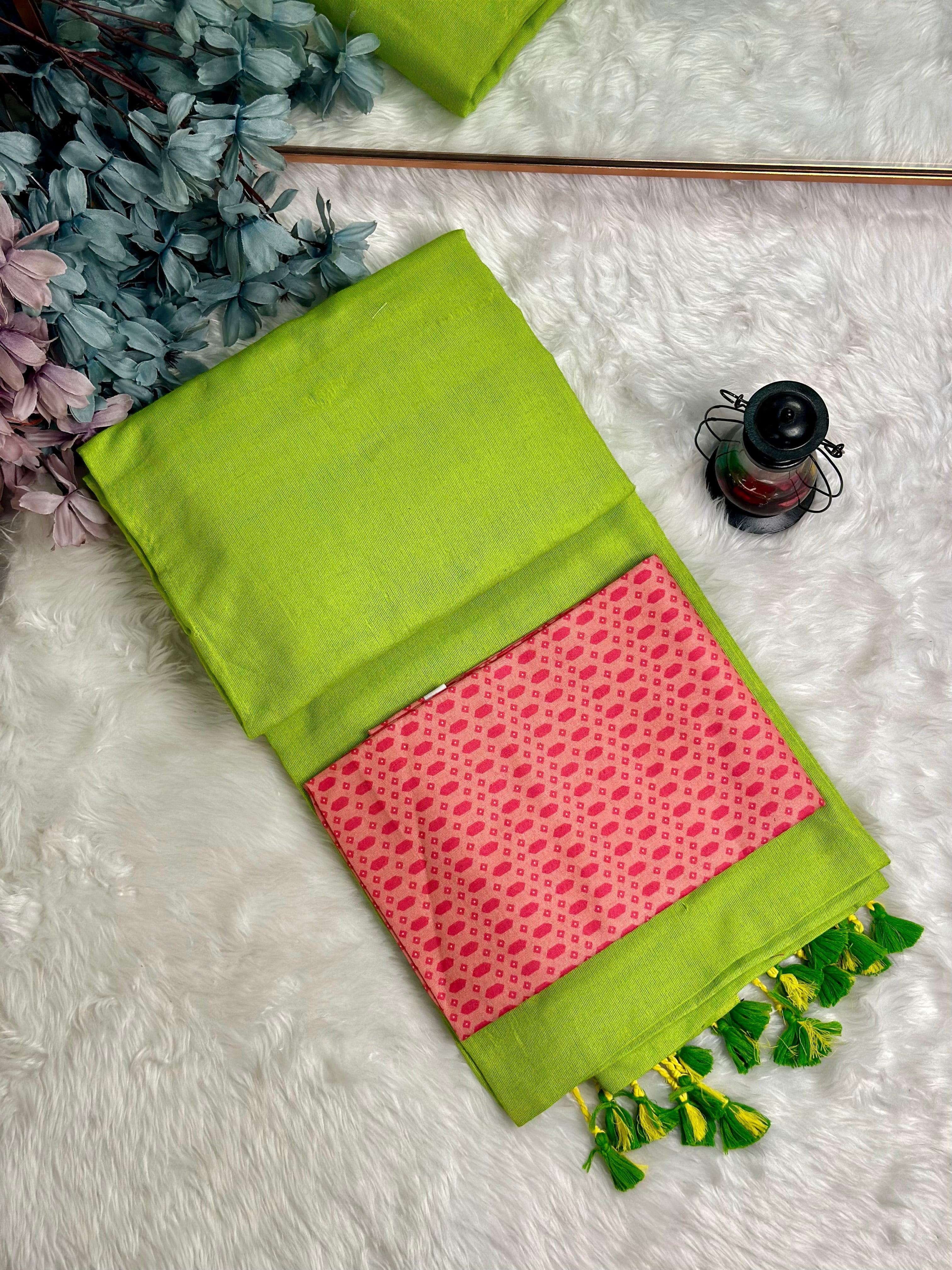 Premium parrot green saree with ruby red blouse - My Store