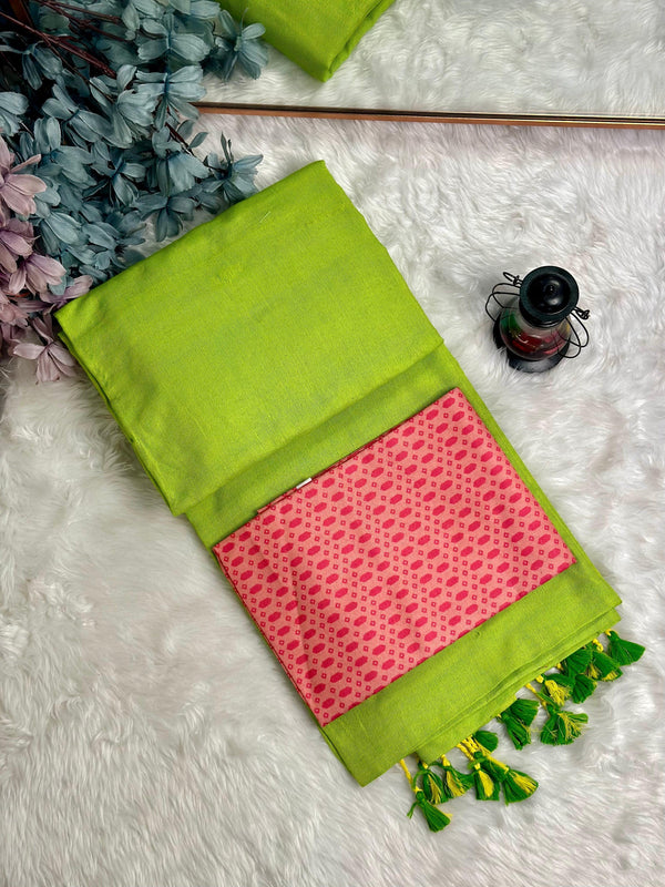 Premium Handloom Cotton Saree - Parrot green saree with ruby red blouse - Cotton Dori