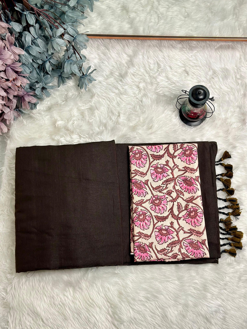Premium Handloom Cotton Saree - Mocha brown saree with brown flower printed blouse - Cotton Dori