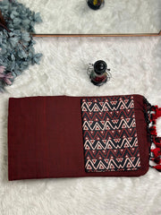 Premium Handloom Cotton Saree - Maroon handloom saree with black printed blouse - Cotton Dori