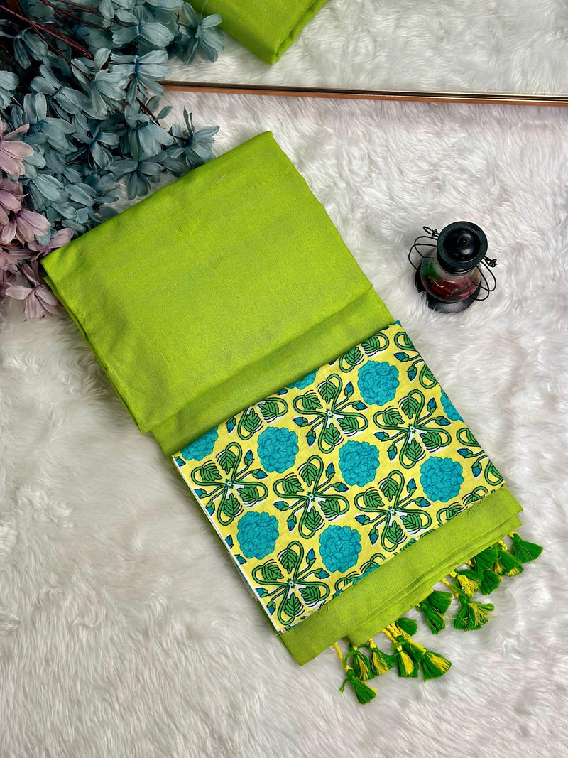 Premium Handloom Cotton Saree - Parrot green saree with yellow printed blouse