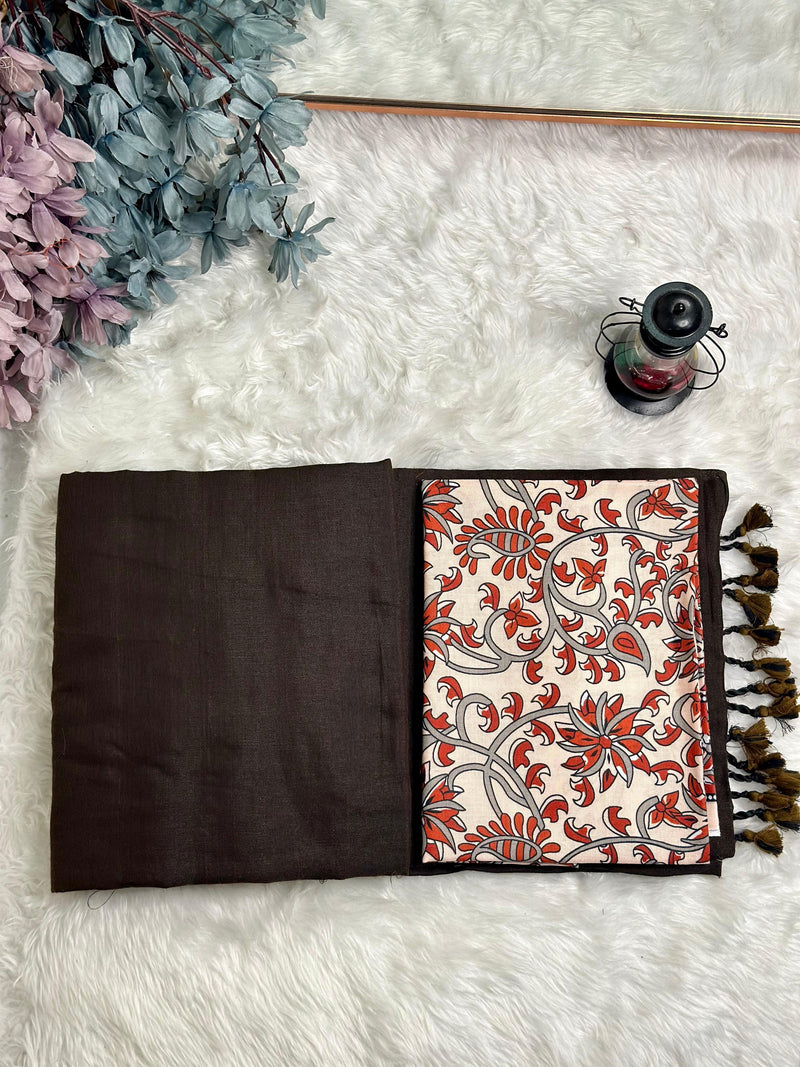 Premium Handloom Cotton Saree - Espresso brown with red flower printed blouse - Cotton Dori