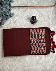 Premium Handloom Cotton Saree - South Indian maroon saree with brown printed blouse - Cotton Dori