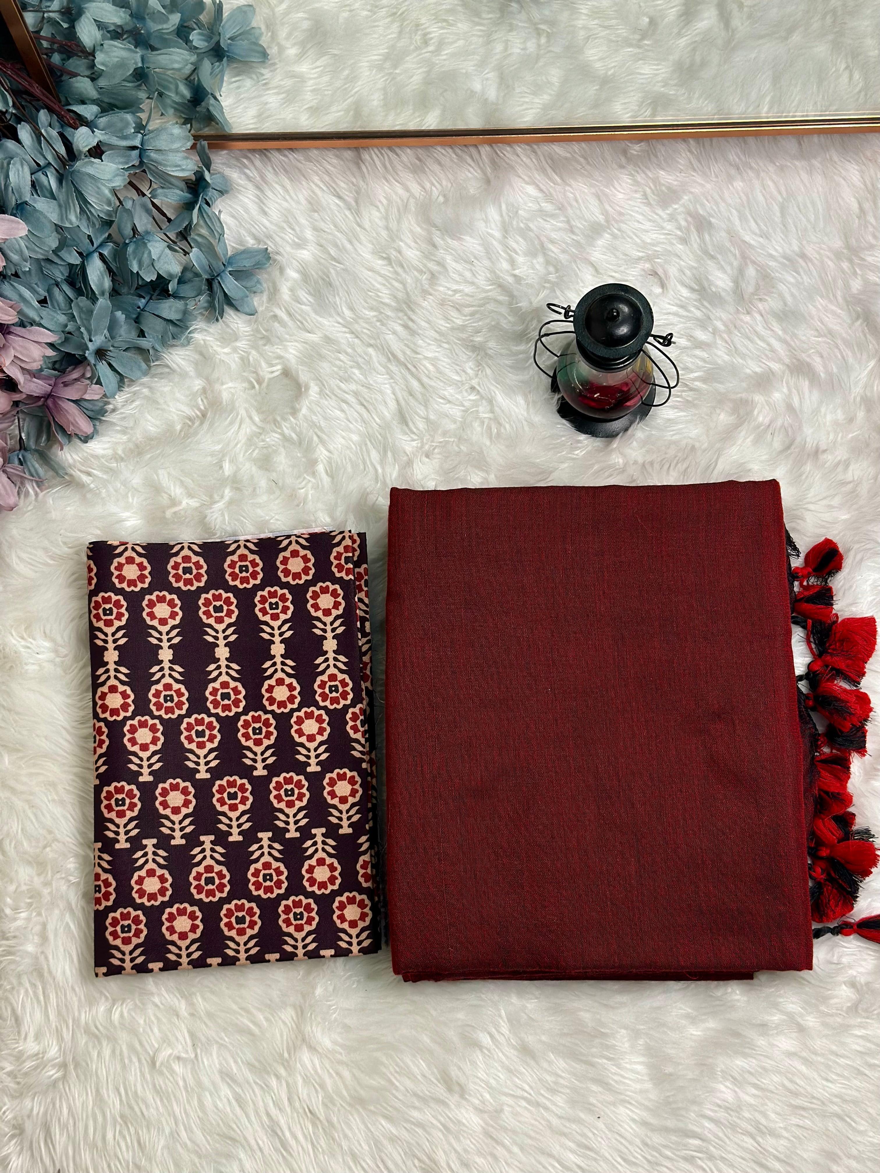 Premium Handloom Cotton Saree - South Indian maroon saree with brown printed blouse - Cotton Dori
