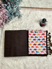 Premium Handloom Cotton Saree - Rich brown saree with elephant printed blouse - Cotton Dori