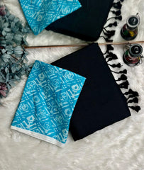 Premium Handloom Cotton Saree - Pure Handloom cotton black saree with sky blue blouse - Cotton Dori