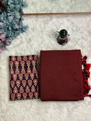 Premium Handloom Cotton Saree - South Indian maroon saree with brown printed blouse - Cotton Dori