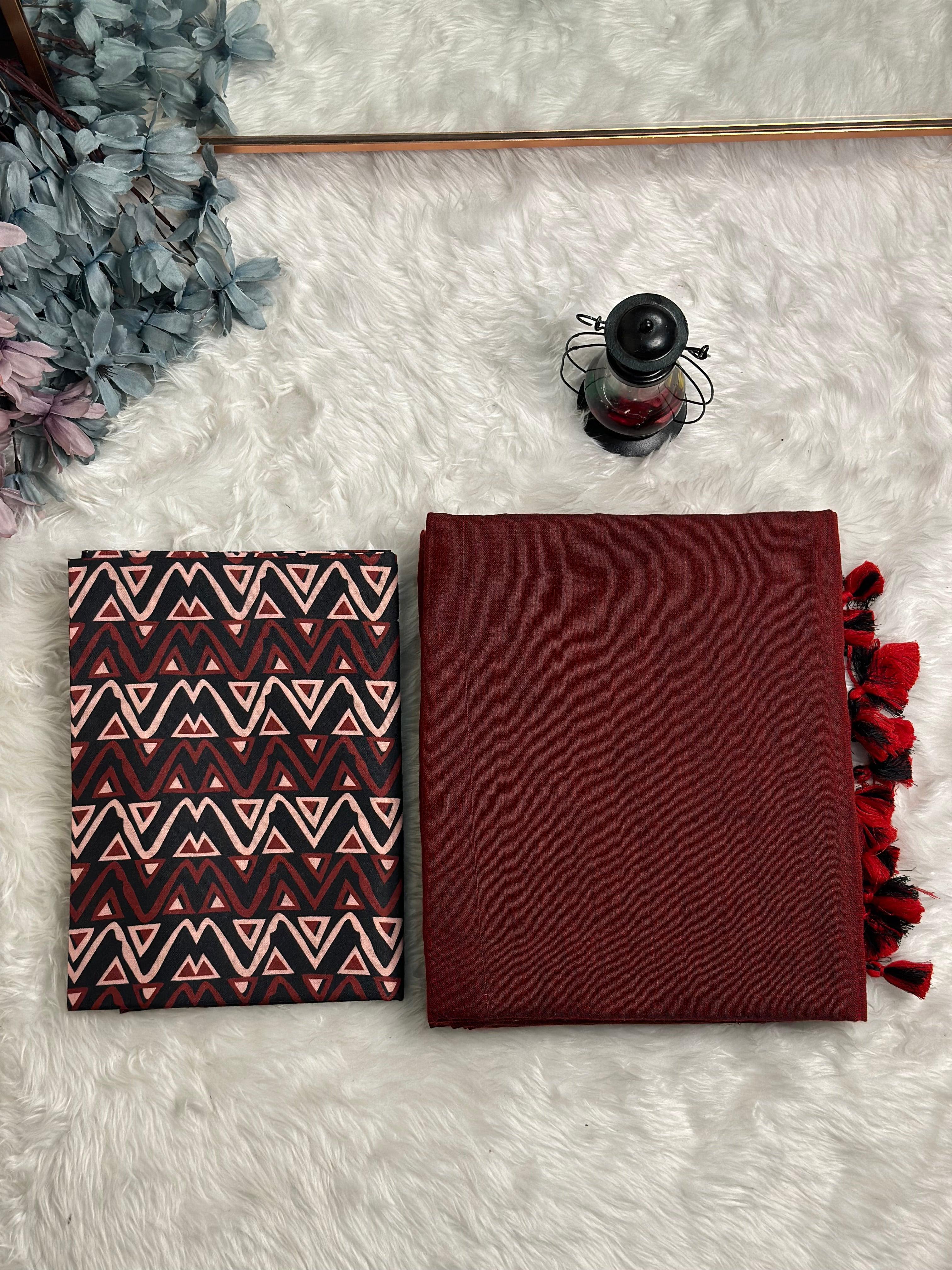 Premium Handloom Cotton Saree - Maroon handloom saree with black printed blouse - Cotton Dori