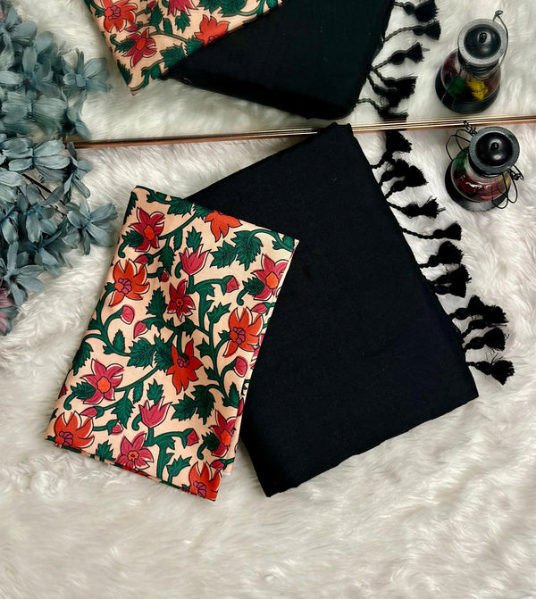 Premium Handloom Cotton Saree - Shadow black saree with cream flower printed blouse - Cotton Dori