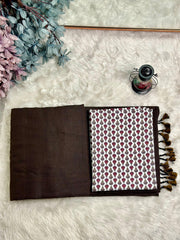 Premium Handloom Cotton Saree - Earthy brown saree with white printed blouse - Cotton Dori