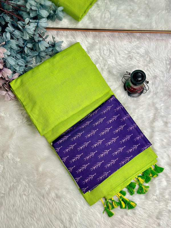 Premium Handloom Cotton Saree - South Indian lime saree with deep purple blouse - Cotton Dori