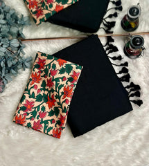Premium Handloom Cotton Saree - Shadow black saree with cream flower printed blouse - Cotton Dori