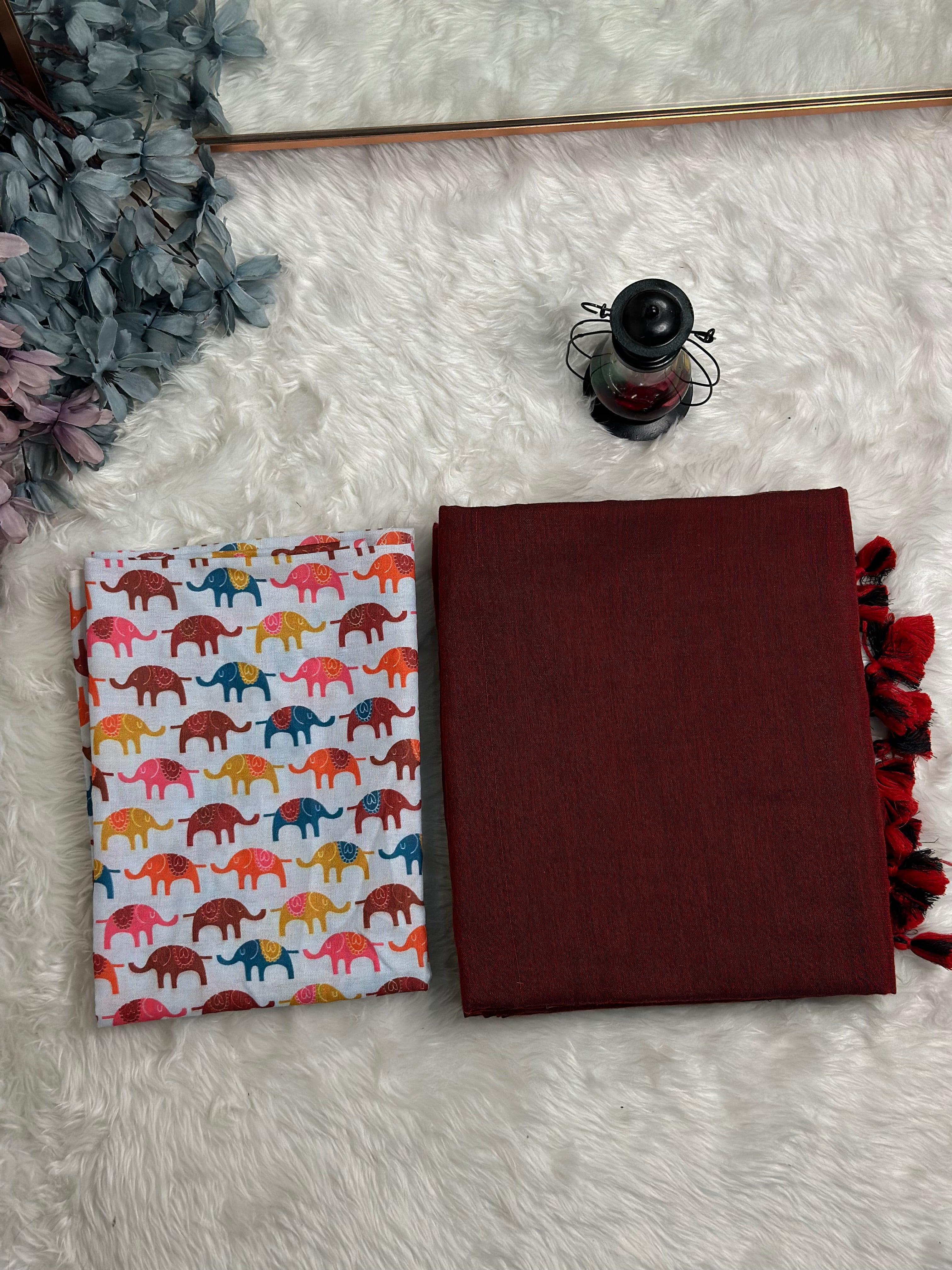 Premium Handloom Cotton Saree - Maroon saree with white elephant printed blouse - Cotton Dori