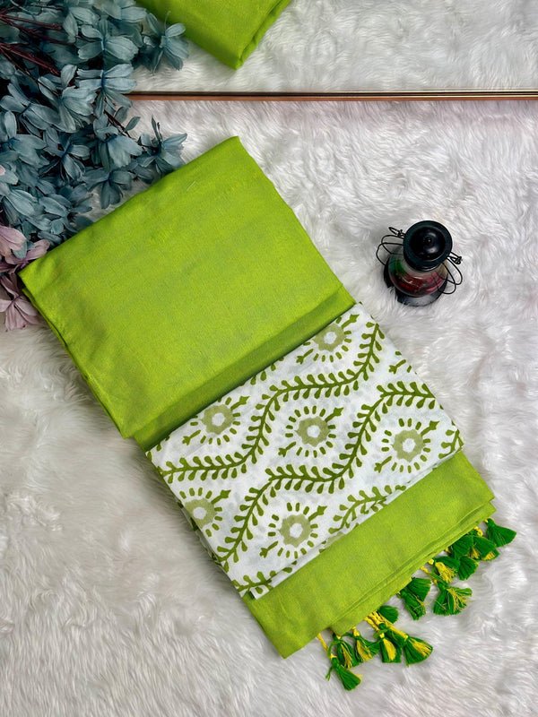 Premium Handloom Cotton Saree - Royal apple green saree with white floral blouse - Cotton Dori