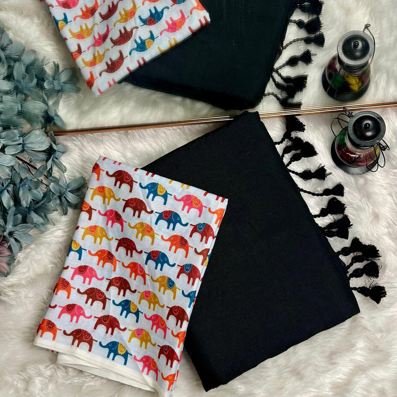 Premium Handloom Cotton Saree - Royal Black saree with white elephant printed blouse - Cotton Dori