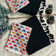 Premium Handloom Cotton Saree - Royal Black saree with white elephant printed blouse - Cotton Dori