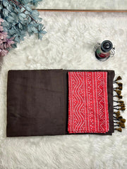 Premium Handloom Cotton Saree - brown saree with strawberry red blouse - Cotton Dori