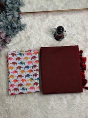 Premium Handloom Cotton Saree - Maroon saree with white elephant printed blouse - Cotton Dori
