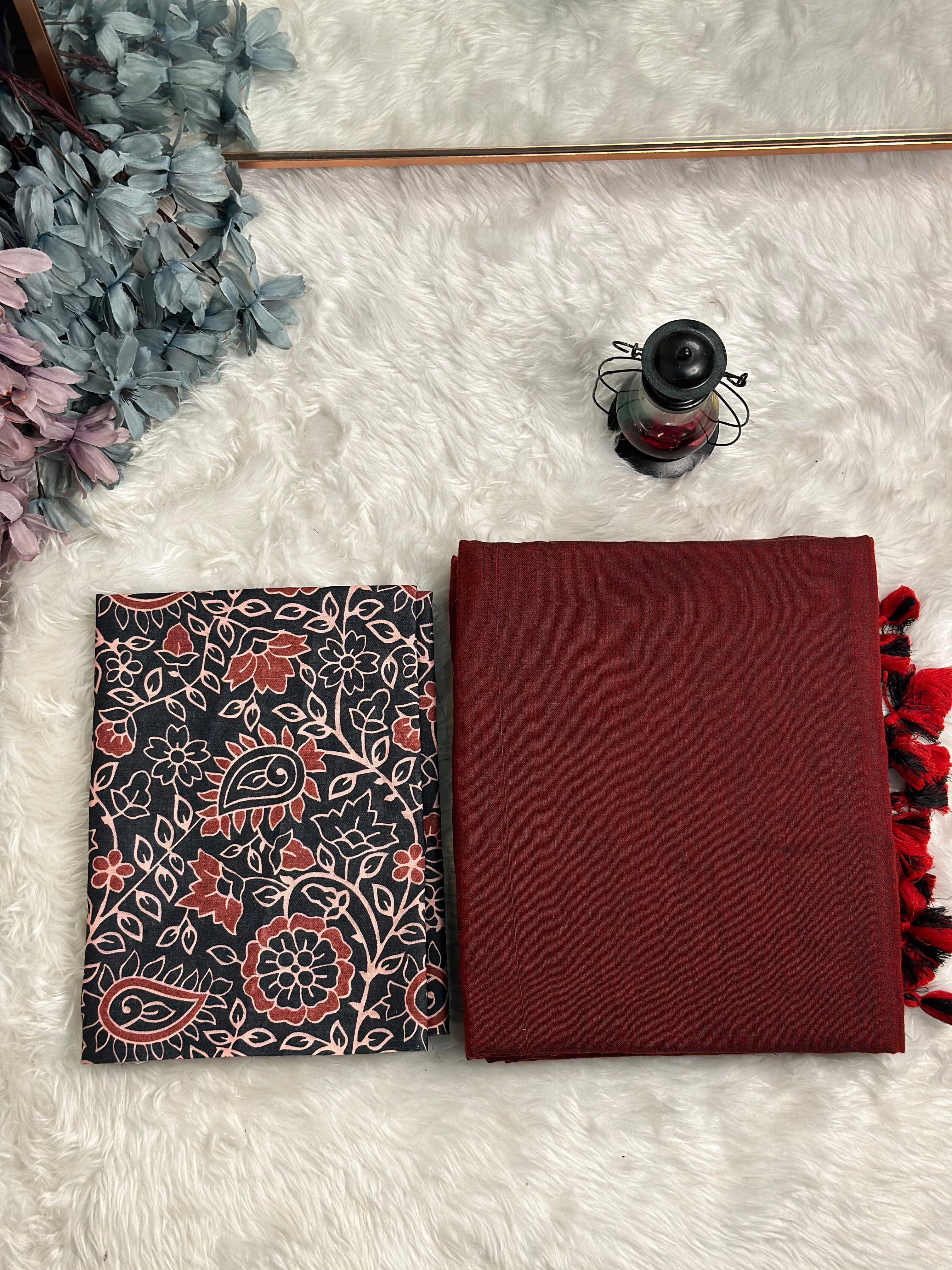 Premium Handloom Cotton Saree - Royal Maroon saree with black flower printed blouse - Cotton Dori