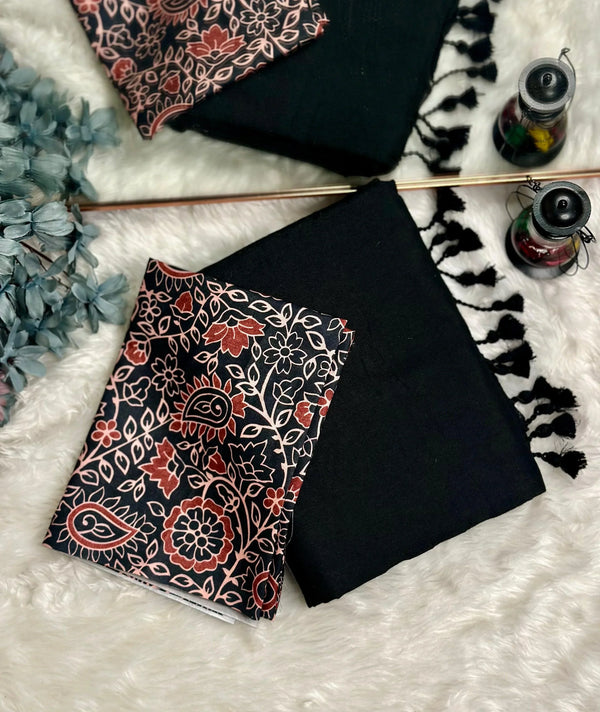 Premium Handloom Cotton Saree - South Indian black saree with printed blouse - Cotton Dori
