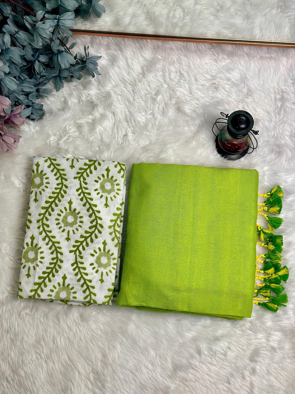 Premium Handloom Cotton Saree - Royal apple green saree with white floral blouse - Cotton Dori