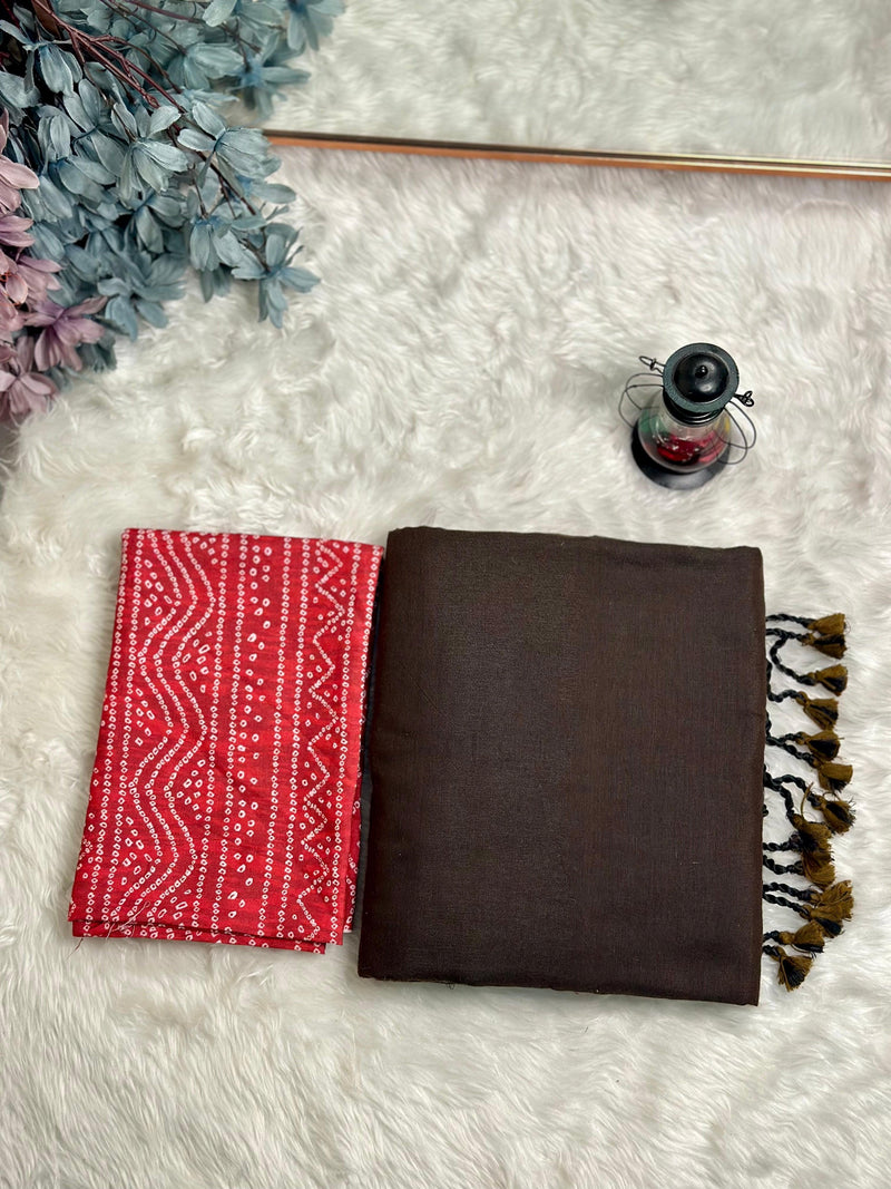 Premium Handloom Cotton Saree - brown saree with strawberry red blouse - Cotton Dori