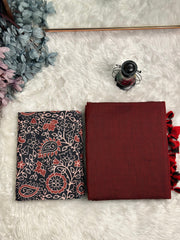 Premium Handloom Cotton Saree - Royal Maroon saree with black flower printed blouse - Cotton Dori