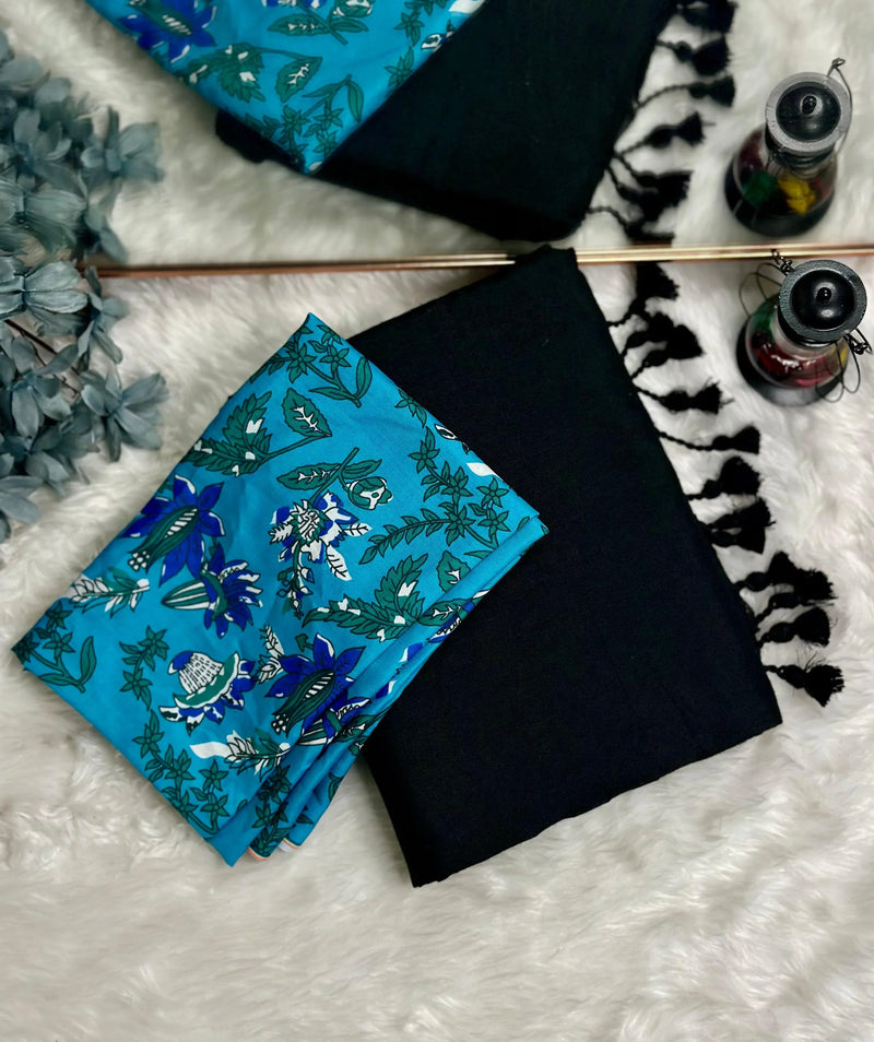 Premium Handloom Cotton Saree - Royal black saree with ocean blue blouse