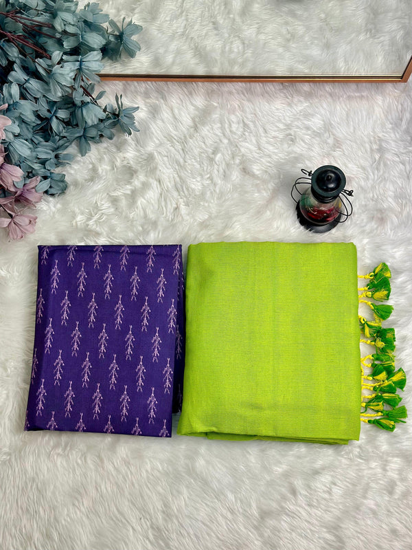 Premium Handloom Cotton Saree - South Indian lime saree with deep purple blouse - Cotton Dori
