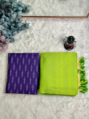 Premium Handloom Cotton Saree - South Indian lime saree with deep purple blouse - Cotton Dori