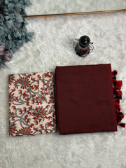 Premium Handloom Cotton Saree - Cherry wine saree with cream flower printed blouse - Cotton Dori