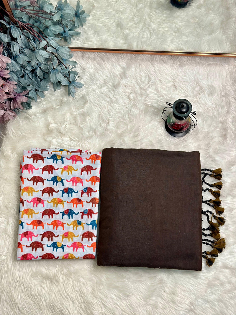 Premium Handloom Cotton Saree - Rich brown saree with elephant printed blouse - Cotton Dori
